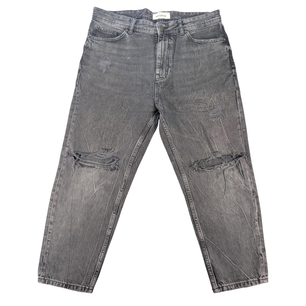pull&bear cotton black jeans denim pants mens 32 distressed ripped relaxed crop